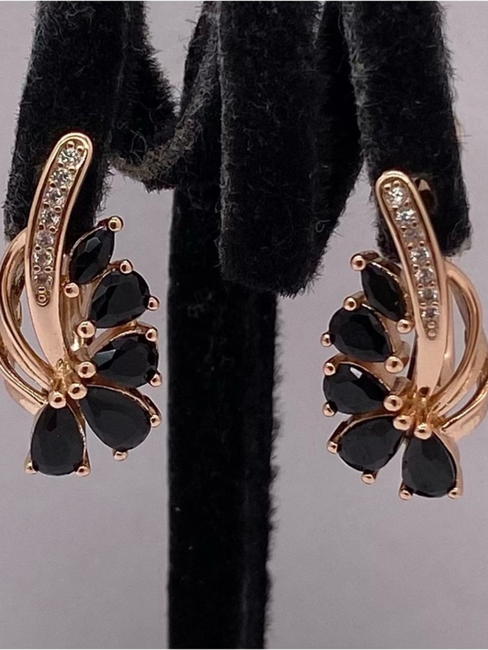 Rose Gold Black Spinel Cluster Huggie Liver Back Earrings with Diamond Accents